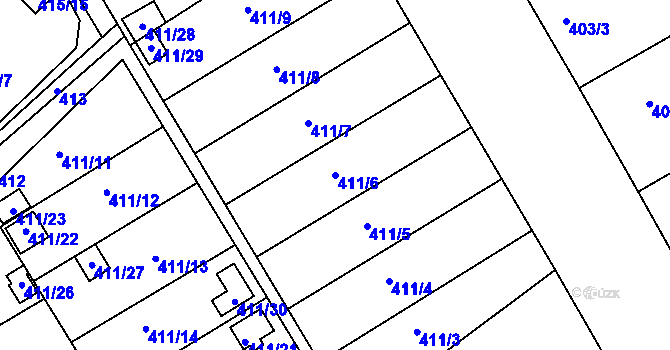 Parcela st. 411/6 v KÚ Lyžbice, Katastrální mapa