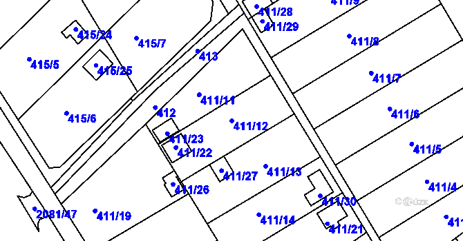 Parcela st. 411/12 v KÚ Lyžbice, Katastrální mapa