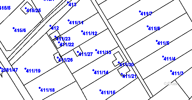 Parcela st. 411/13 v KÚ Lyžbice, Katastrální mapa