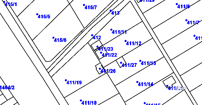 Parcela st. 411/22 v KÚ Lyžbice, Katastrální mapa