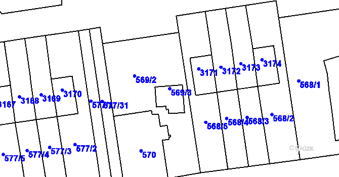 Parcela st. 569/3 v KÚ Lyžbice, Katastrální mapa