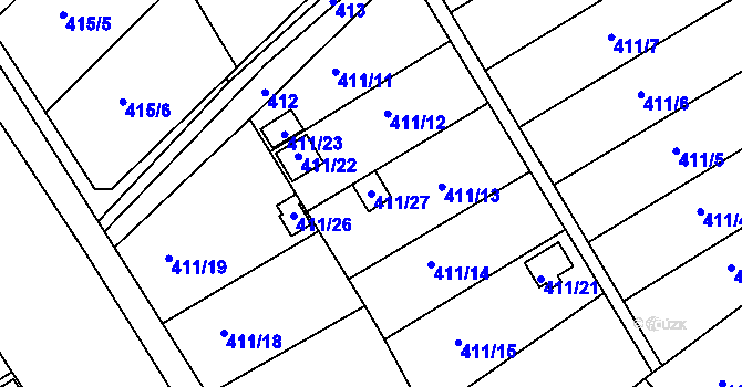 Parcela st. 411/27 v KÚ Lyžbice, Katastrální mapa
