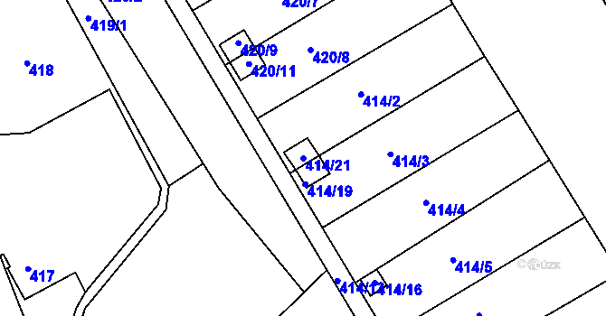 Parcela st. 414/21 v KÚ Lyžbice, Katastrální mapa