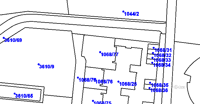 Parcela st. 1068/77 v KÚ Lyžbice, Katastrální mapa