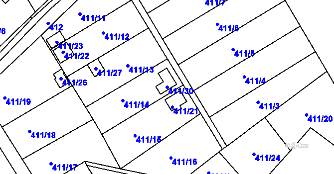 Parcela st. 411/30 v KÚ Lyžbice, Katastrální mapa