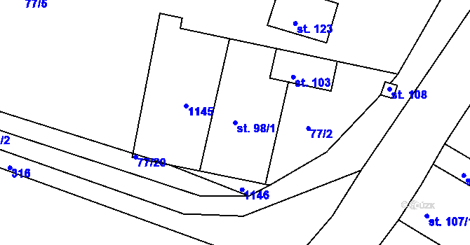 Parcela st. 98/1 v KÚ Třtěno, Katastrální mapa