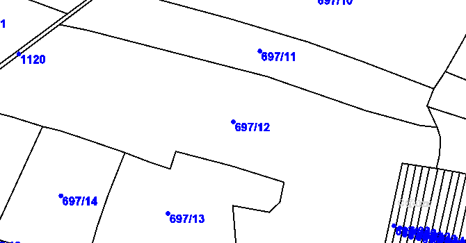 Parcela st. 697/12 v KÚ Třtěno, Katastrální mapa