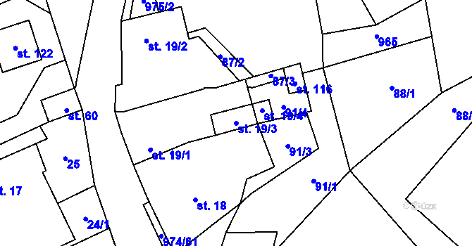 Parcela st. 19/3 v KÚ Dvorce u Tučap, Katastrální mapa