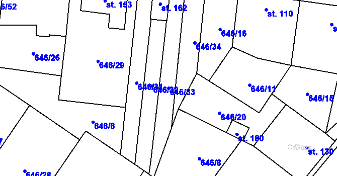 Parcela st. 646/33 v KÚ Tučapy, Katastrální mapa