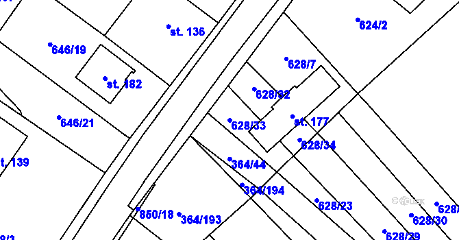 Parcela st. 628/33 v KÚ Tučapy, Katastrální mapa