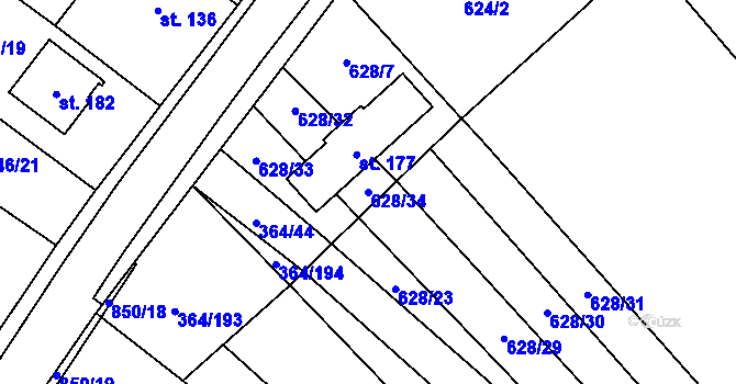 Parcela st. 628/34 v KÚ Tučapy, Katastrální mapa