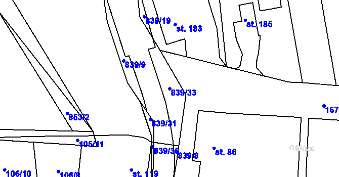 Parcela st. 839/33 v KÚ Tučapy, Katastrální mapa
