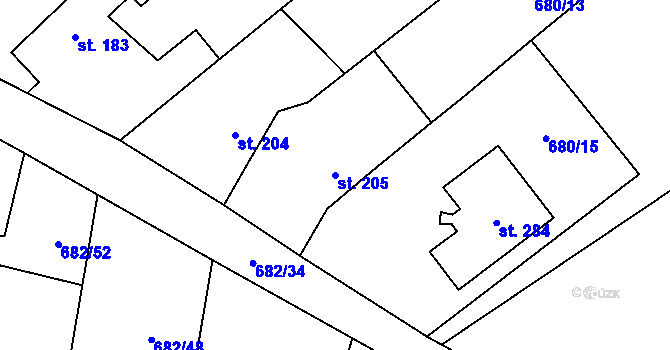 Parcela st. 205 v KÚ Tuhaň, Katastrální mapa