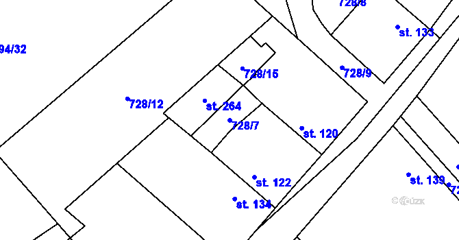 Parcela st. 728/7 v KÚ Tuhaň, Katastrální mapa