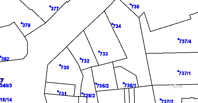 Parcela st. 733 v KÚ Tuchlovice, Katastrální mapa
