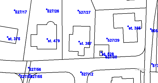 Parcela st. 387 v KÚ Tuchoměřice, Katastrální mapa