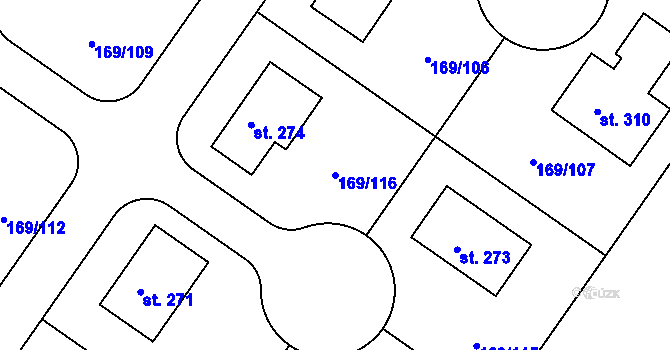 Parcela st. 169/116 v KÚ Tuchoraz, Katastrální mapa