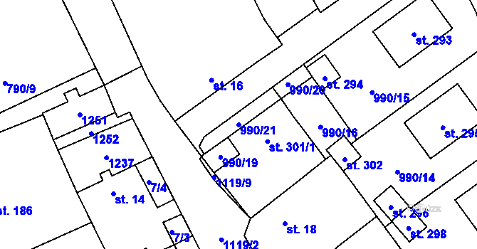 Parcela st. 990/21 v KÚ Tuchořice, Katastrální mapa
