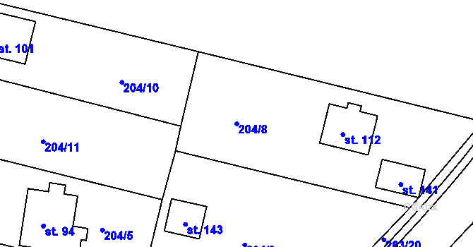 Parcela st. 204/8 v KÚ Tlustovousy, Katastrální mapa