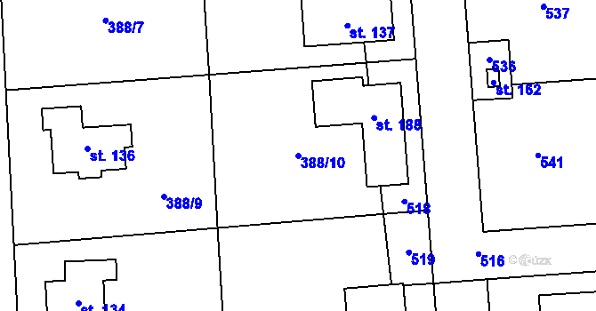 Parcela st. 388/10 v KÚ Tlustovousy, Katastrální mapa