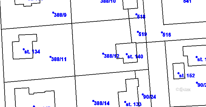 Parcela st. 388/12 v KÚ Tlustovousy, Katastrální mapa