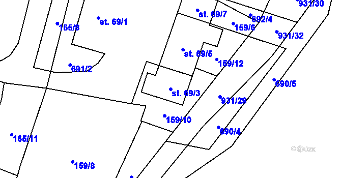 Parcela st. 69/3 v KÚ Tuněchody, Katastrální mapa