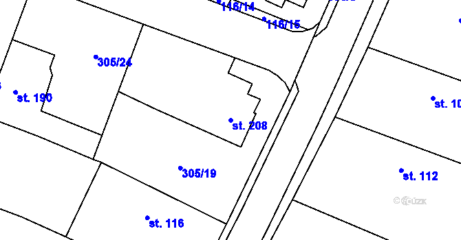Parcela st. 208 v KÚ Tuněchody, Katastrální mapa