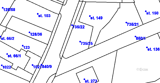 Parcela st. 735/25 v KÚ Tuněchody, Katastrální mapa