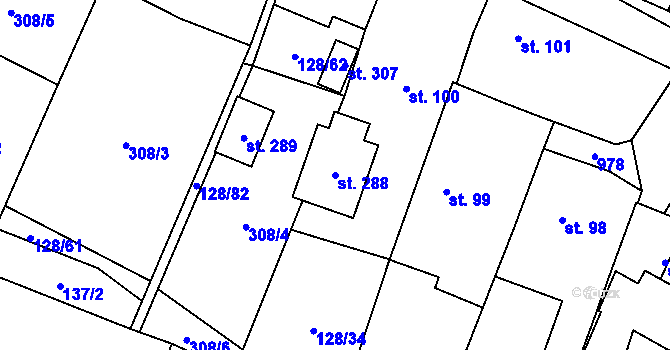 Parcela st. 288 v KÚ Tuněchody, Katastrální mapa