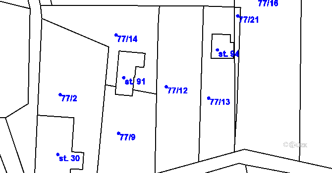 Parcela st. 77/12 v KÚ Rašovy, Katastrální mapa