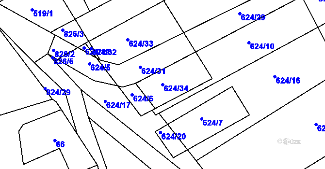 Parcela st. 624/34 v KÚ Turkovice u Přelouče, Katastrální mapa
