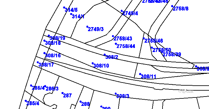 Parcela st. 308/2 v KÚ Turnov, Katastrální mapa