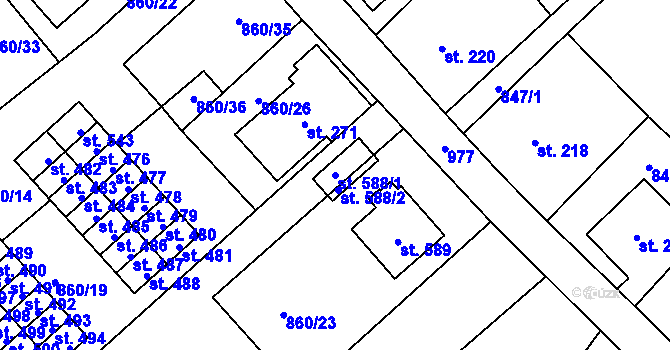 Parcela st. 588/1 v KÚ Daliměřice, Katastrální mapa