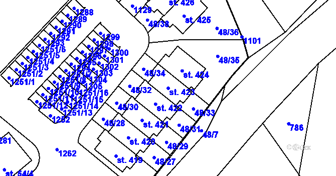 Parcela st. 423 v KÚ Tursko, Katastrální mapa