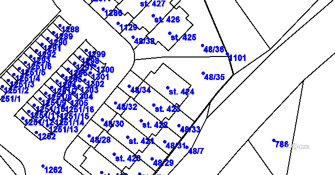 Parcela st. 424 v KÚ Tursko, Katastrální mapa