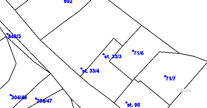 Parcela st. 33/3 v KÚ Tuřice, Katastrální mapa