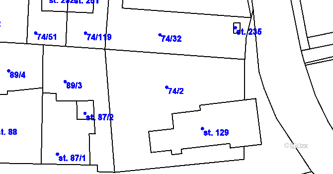 Parcela st. 74/2 v KÚ Tuřice, Katastrální mapa