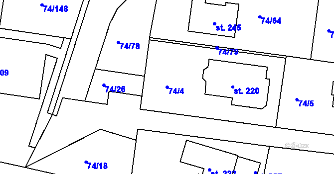 Parcela st. 74/4 v KÚ Tuřice, Katastrální mapa