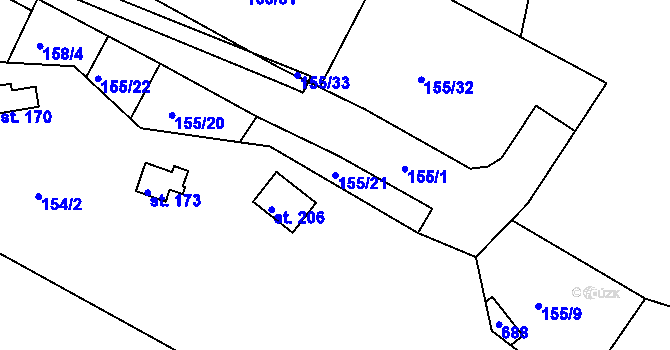 Parcela st. 155/21 v KÚ Tuřice, Katastrální mapa