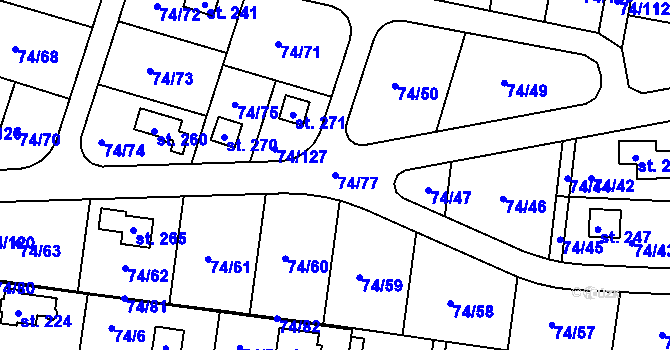 Parcela st. 74/77 v KÚ Tuřice, Katastrální mapa