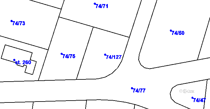Parcela st. 74/127 v KÚ Tuřice, Katastrální mapa