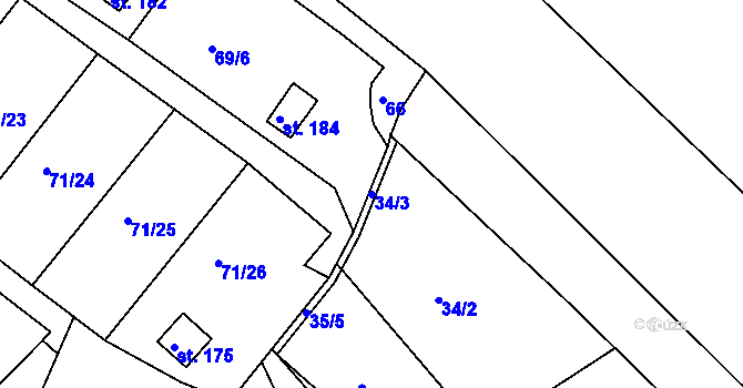 Parcela st. 34/3 v KÚ Tuřice, Katastrální mapa