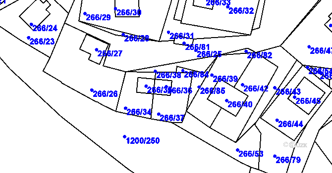 Parcela st. 266/36 v KÚ Tušimice, Katastrální mapa