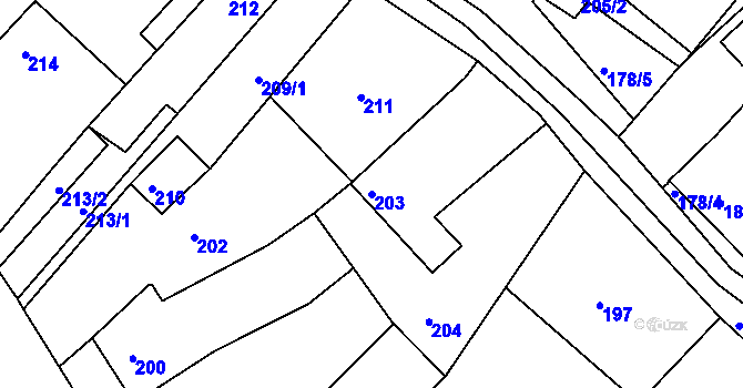 Parcela st. 203 v KÚ Tušť, Katastrální mapa