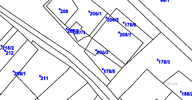 Parcela st. 205/2 v KÚ Tušť, Katastrální mapa