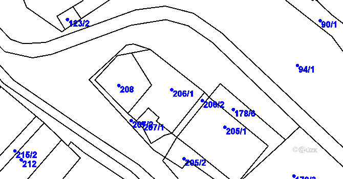 Parcela st. 206/1 v KÚ Tušť, Katastrální mapa
