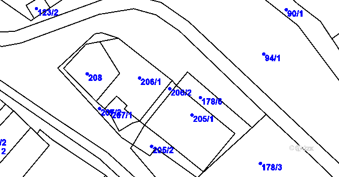 Parcela st. 206/2 v KÚ Tušť, Katastrální mapa