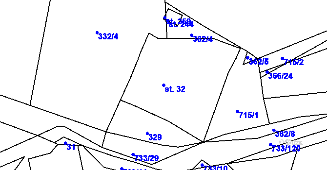 Parcela st. 32 v KÚ Tutleky, Katastrální mapa