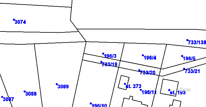 Parcela st. 196/3 v KÚ Tutleky, Katastrální mapa