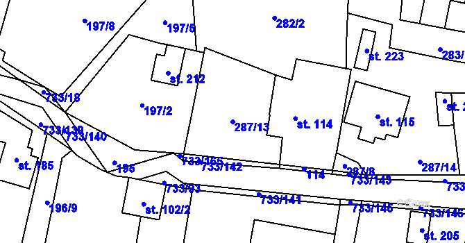 Parcela st. 287/13 v KÚ Tutleky, Katastrální mapa